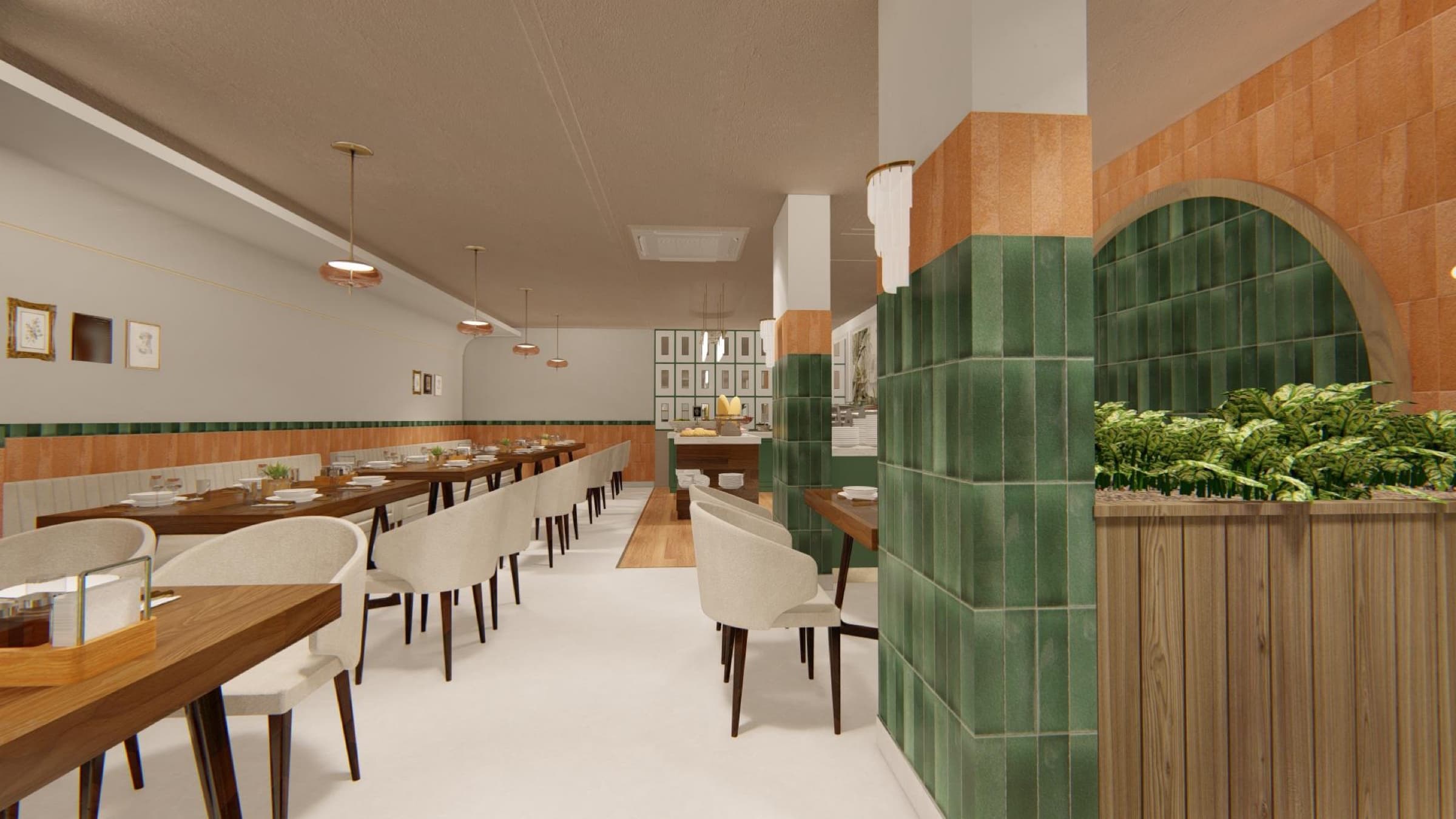 Restaurant with green-tiled columns, cream chairs and an arched planter