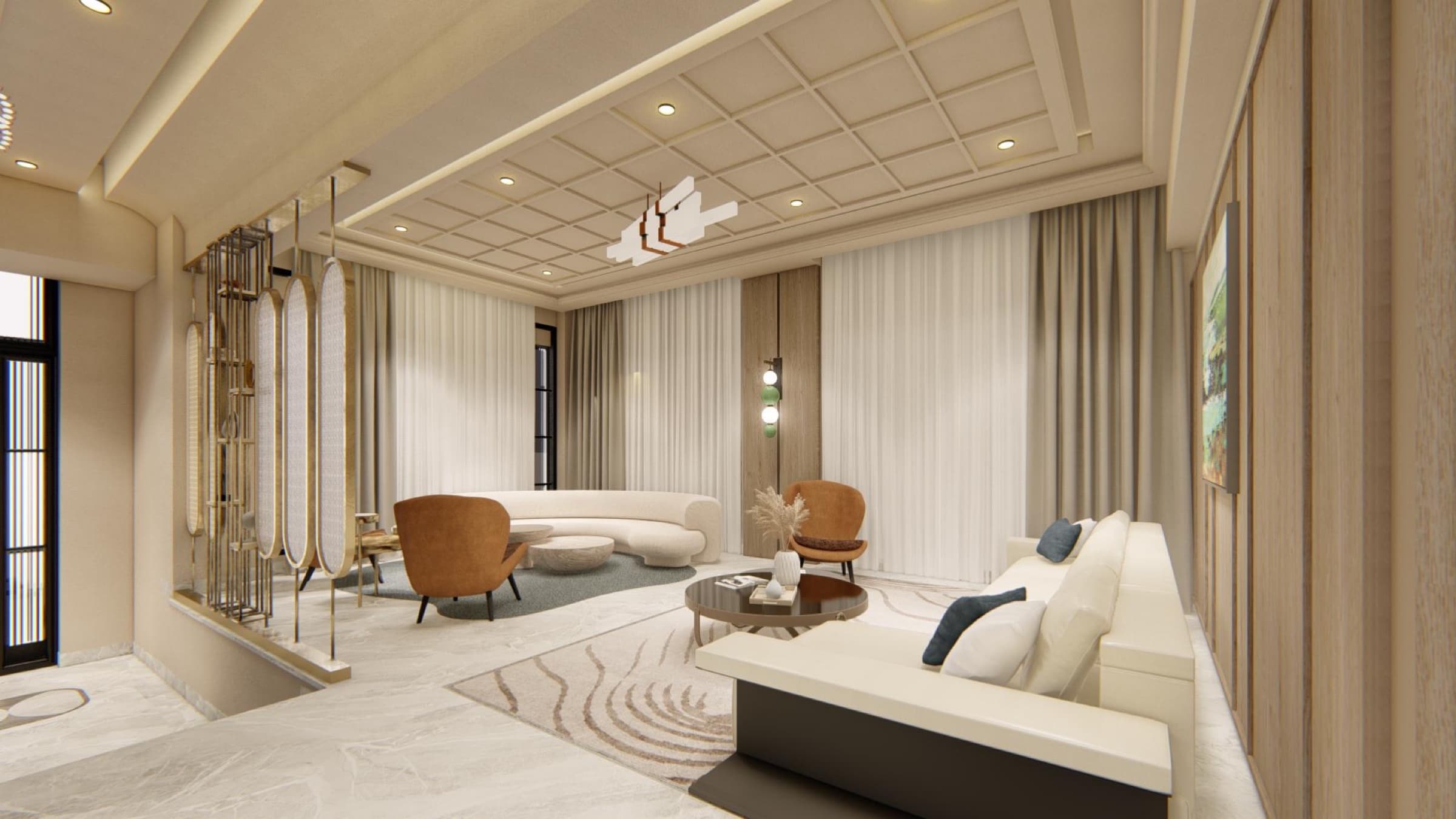 Lounge with cream seating and a landscape painting