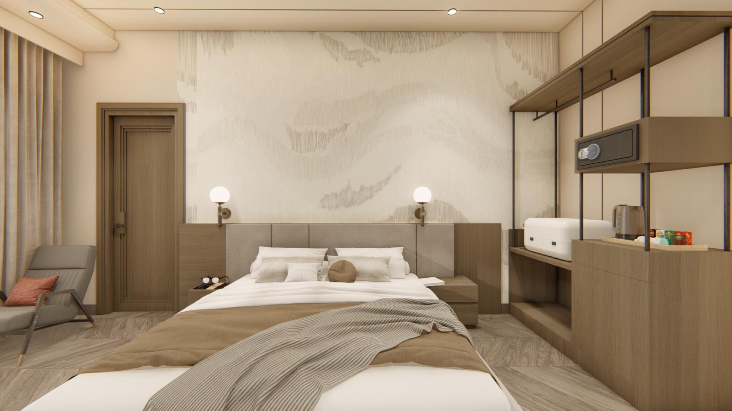 Deluxe room with a sculpted headboard wall and warm sconces
